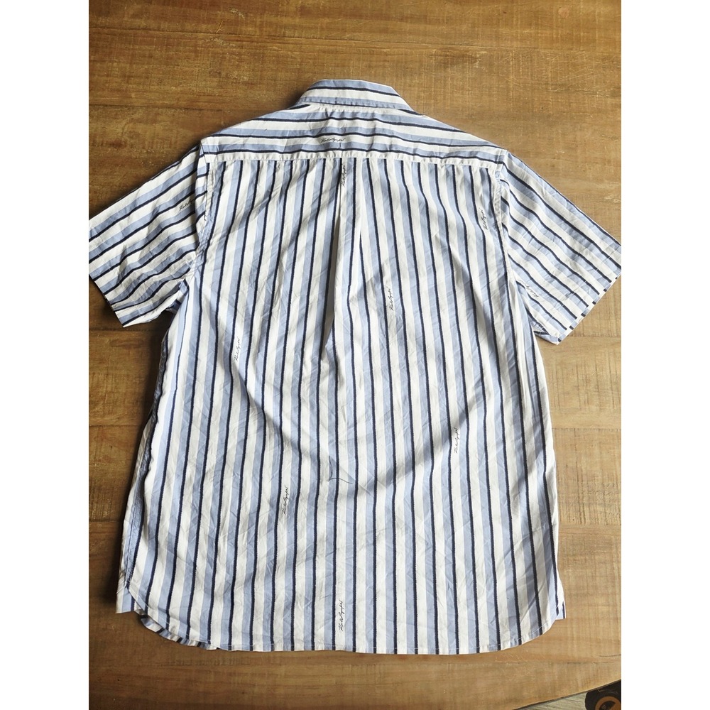 Karl Lagerfeld Paris Medium Pearl Snap Shirt‎ Blue White Striped Short Sleeve - Picture 3 of 7